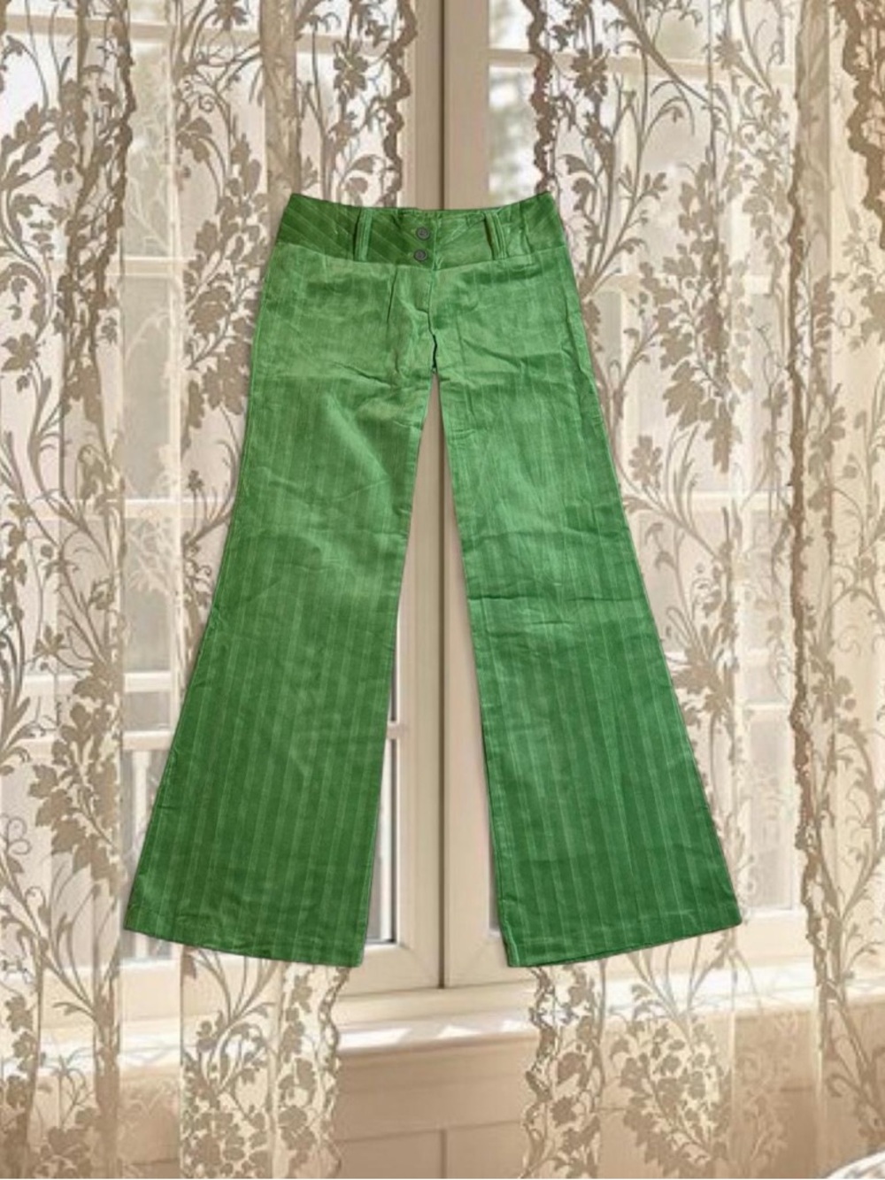 Vintage Y2K Deadstock Green Striped Corduroy Low-rise Flare Pants